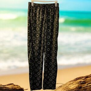 BLESSED Hawaii Womens Drawstring Pants Sz M Black Gold Monstera Print NWT